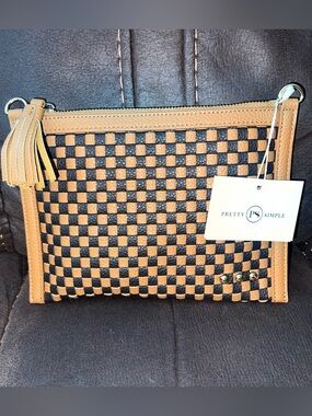 Two-Tone Tan and Black Woven Crossbody/Wristlet